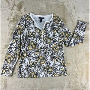 Karen Scott Womens Yellow Floral Henley Long Sleeve Top Size M Gold Buttons NEW